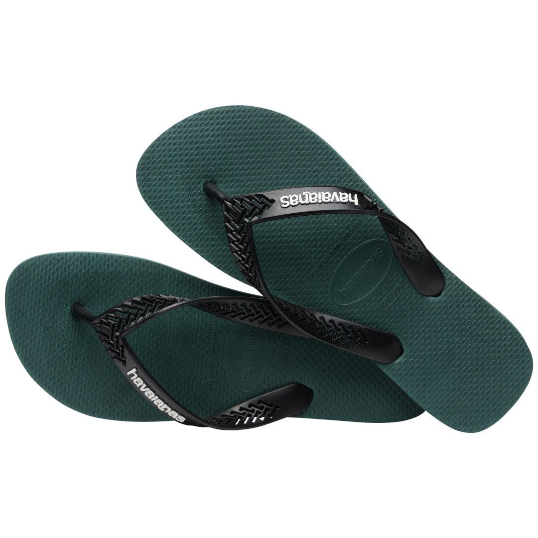 Chinelo Havaianas PWR Light Solid Verde Pantanal vista superior com tiras pretas e sola texturizada